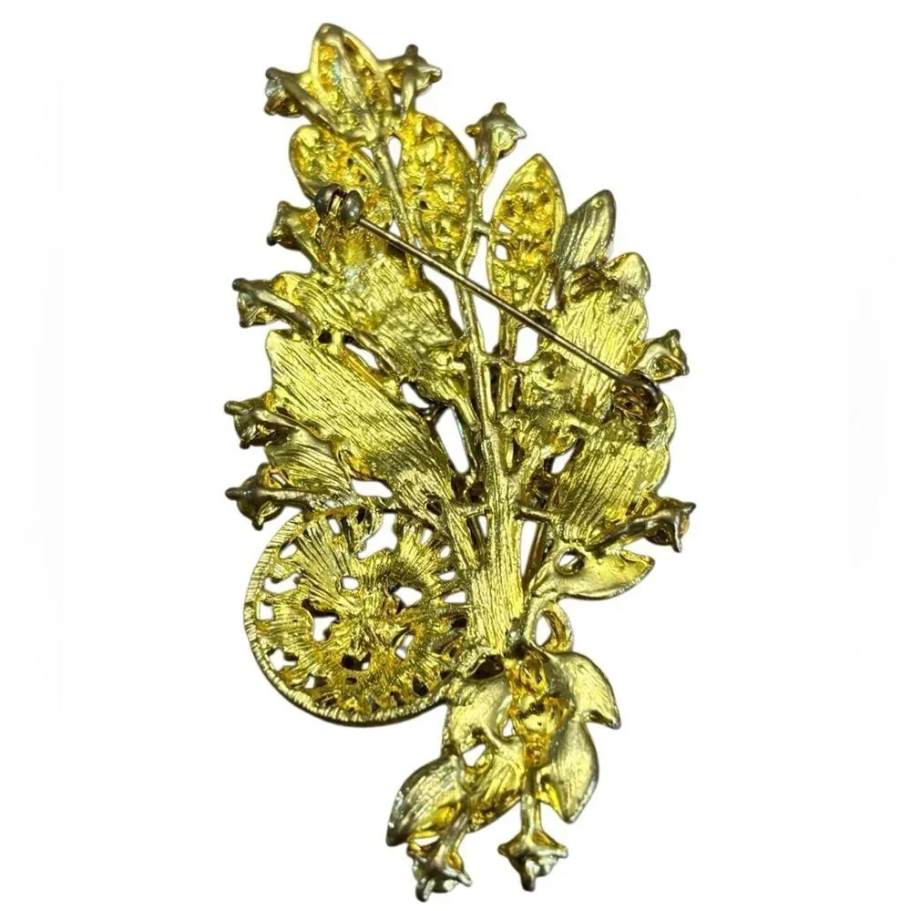 Vintage Gold Tone Rhinestone Floral Spray Brooch Large 3” Champagne Crystal